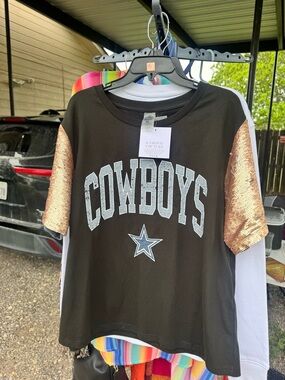 Kids Cowboys Short Sleeve Tee with Rose Gold Sequin Sleeves - Black